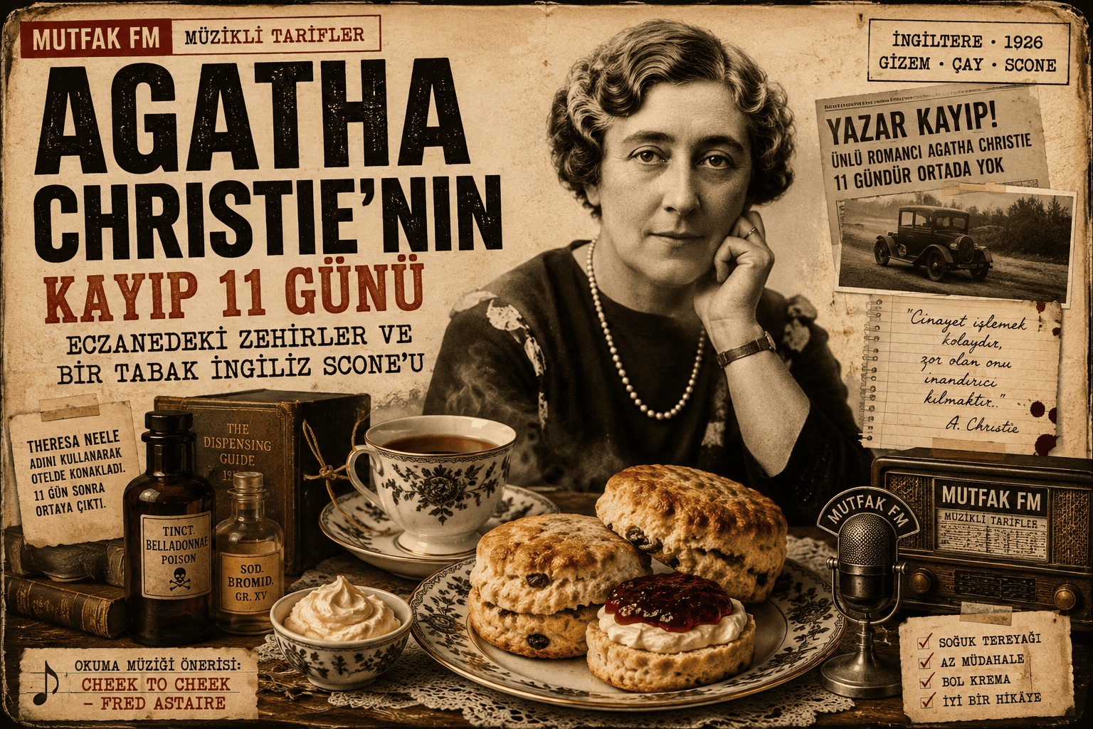Agatha Christie, İngiliz scone’ları, çay ve eczane şişeleriyle hazırlanmış vintage Mutfak FM illüstrasyonu