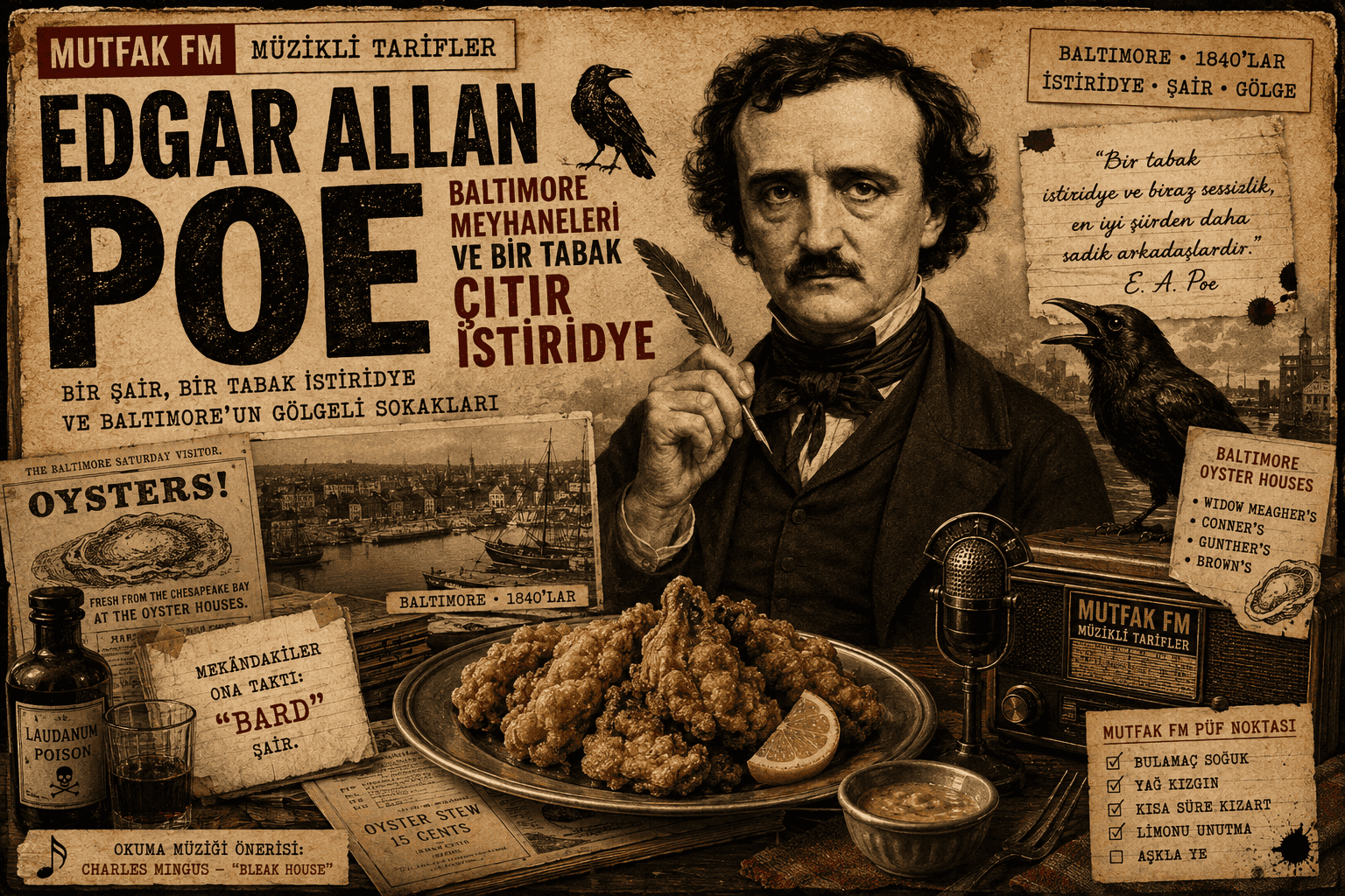 Edgar Allan Poe, Baltimore, kuzgun ve çıtır istiridye tabağıyla hazırlanmış vintage Mutfak FM illüstrasyonu